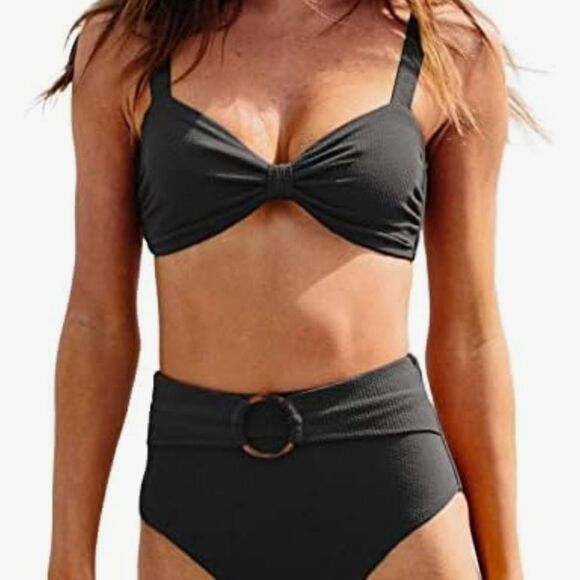 NEW CUPSHE Black Bikini Set High-Waisted Belted Knotted Sweetheart Top – Size XL - Picture 1 of 7